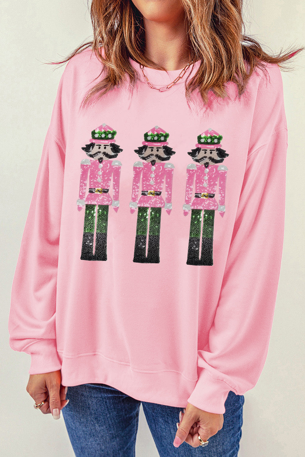 Pink Christmas Nutcracker Patched Pattern Drop Shoulder Sweatshirt