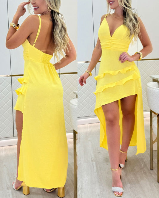 Plunge V Neck Spaghetti Strap Ruffles Dress Irregular A Line Flowy Midi Dress