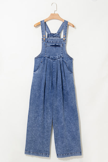 Light Blue Mineral Wash Buttoned Straps Wide Leg Denim Overalls