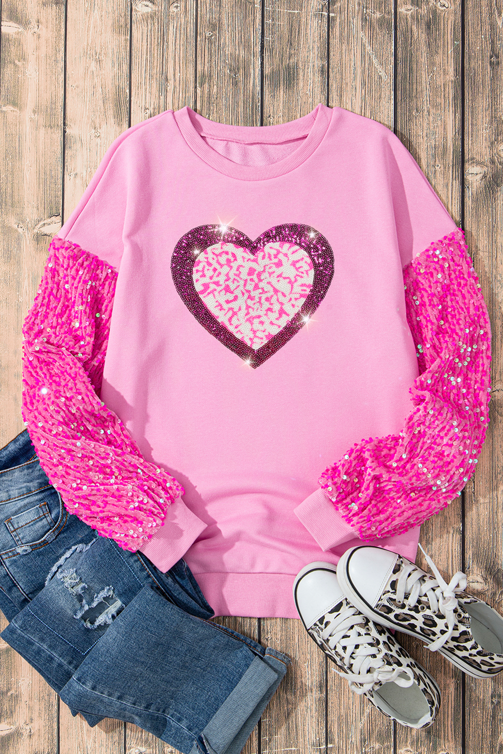 Pink Leopard Heart Graphic Sequin Patchwork Long Sleeve Valentines Top