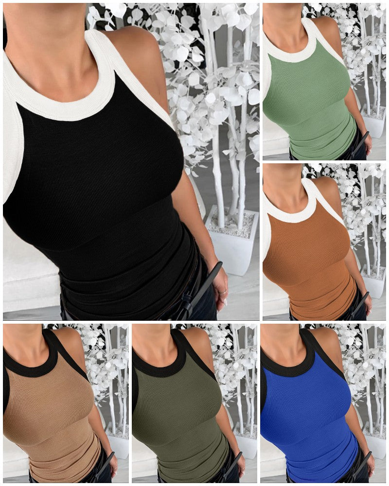 Contrast Binding Tank Tops Summer Sleeveless Basic Cami Top Shirt Slim Knit Ribbed Racerback Blouses