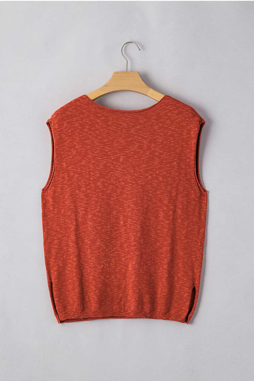 Orange Solid Color Split V Neck Short Sleeve Sweater