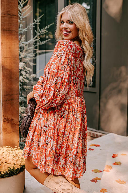 Orange Floral Print Split V Neck Bubble Sleeve Plus Size Midi Dress