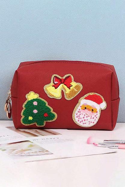 Fiery Red Christmas Pattern Chenille Patched PU Zipper Makeup Bag