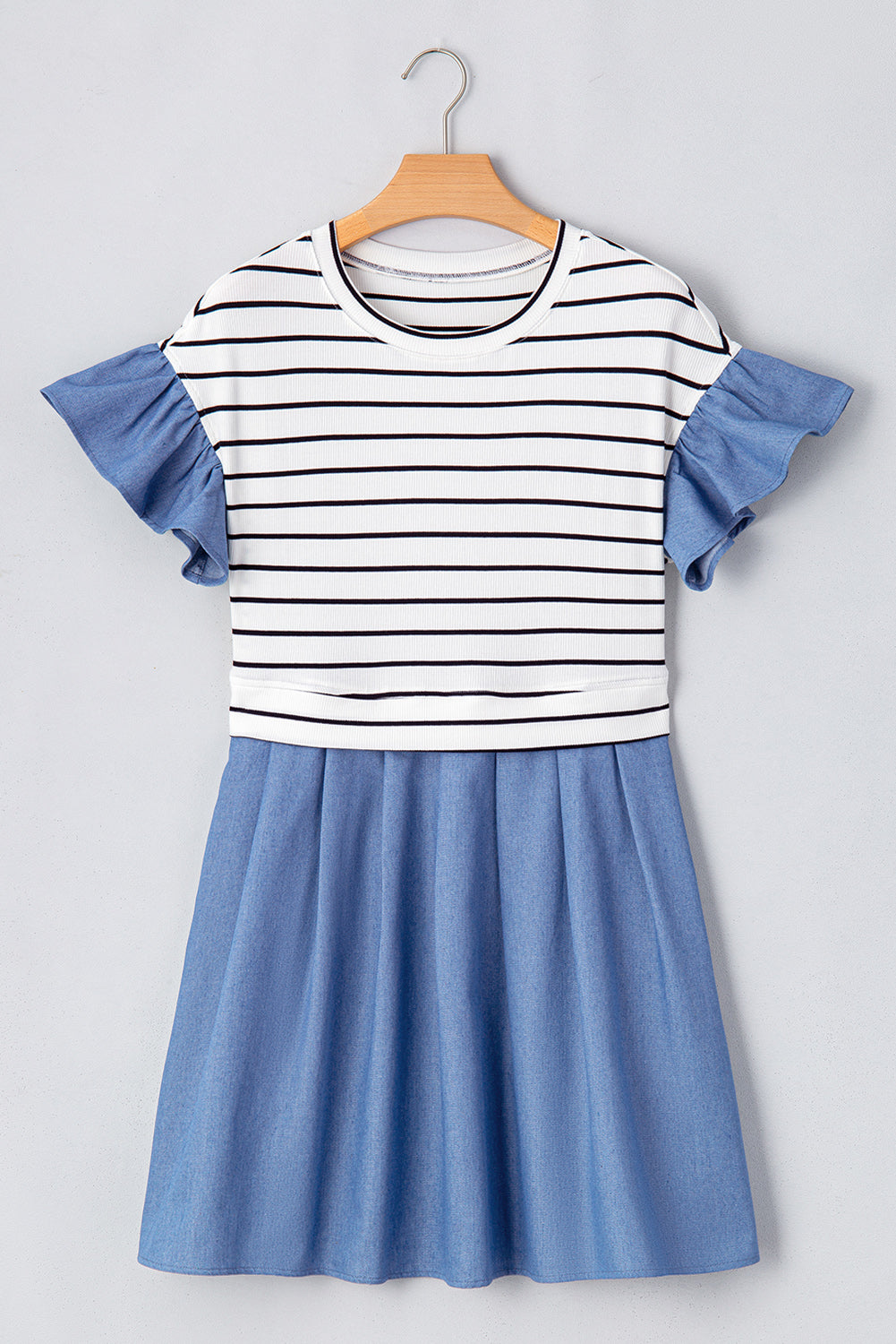 Black Stripe Ruffle Denim Patchwork Round Neck Mini Dress