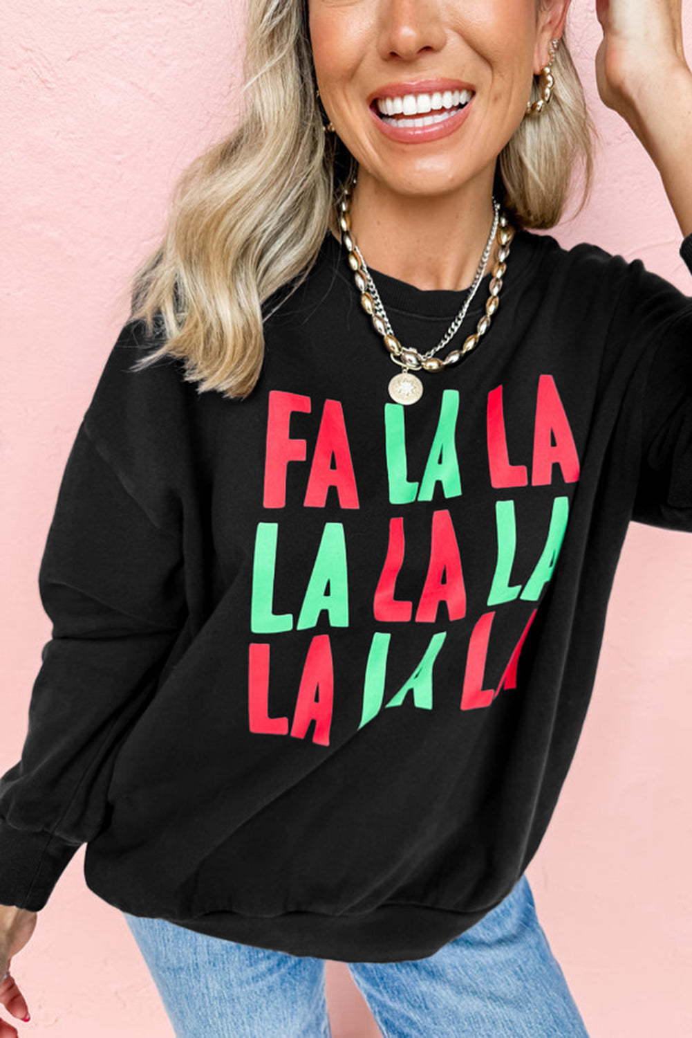 Black FA LA LA Christmas Letter Graphic Sweatshirt