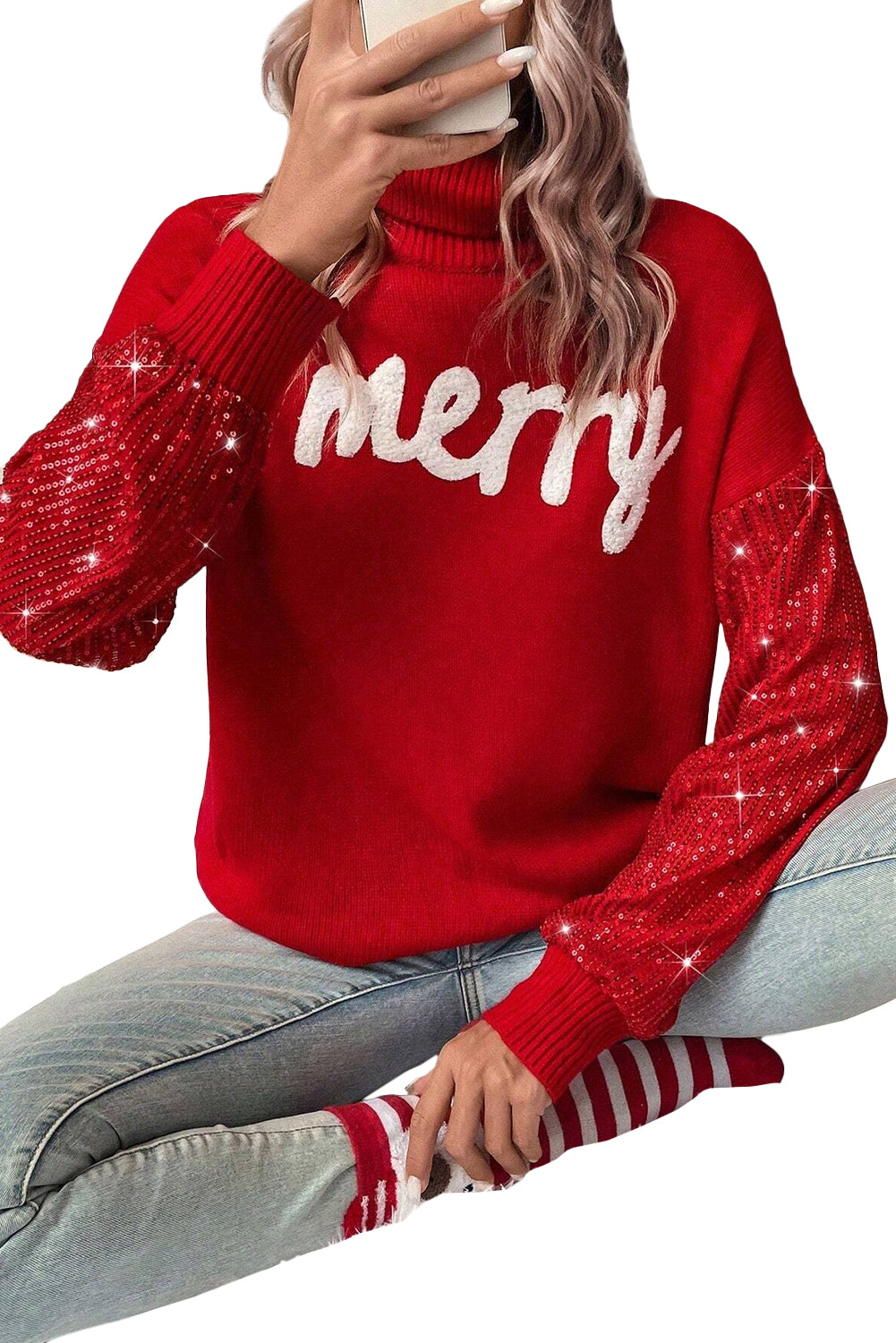 Racing Red Merry Graphic Sequin Sleeves Christmas Turtleneck Sweater