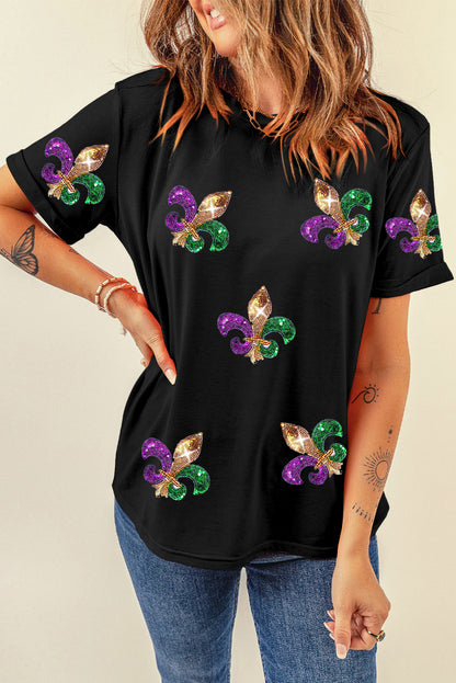 Black Mardi Gras Symbol Patched Crewneck T Shirt