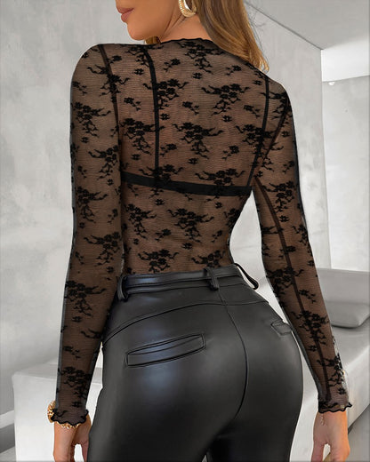 Sheer Mesh Long Sleeve Lace Shirt Sexy See Through Slim Fit Tee