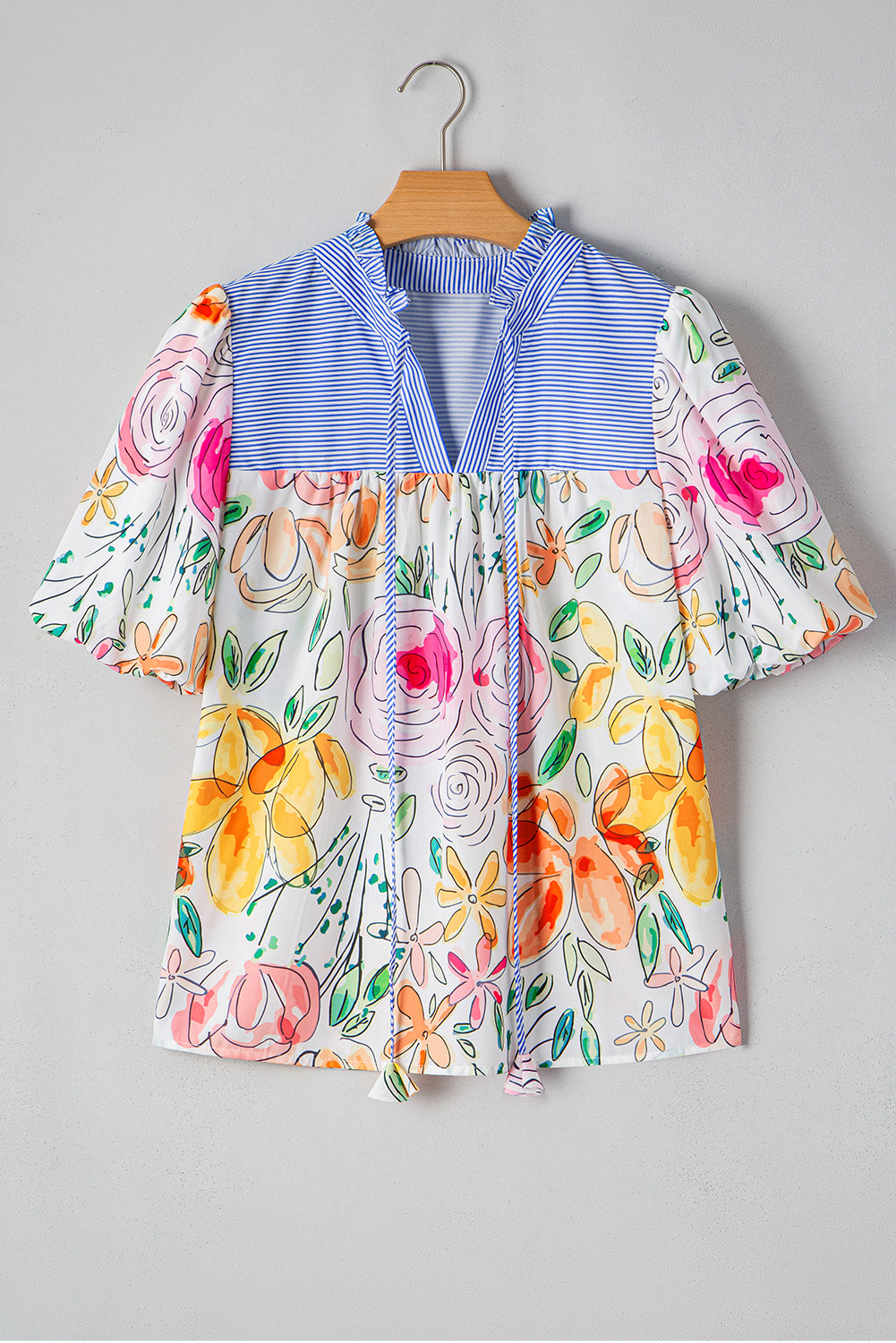 Multicolour Floral Print Striped Yoke Frilled V Neck Puff Short Sleeve Blouse