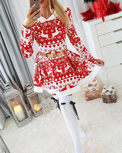 Christmas Print Hooded Long Sleeve Casual Dress Mini Flare Dress