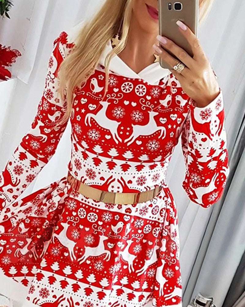 Christmas Print Hooded Long Sleeve Casual Dress Mini Flare Dress