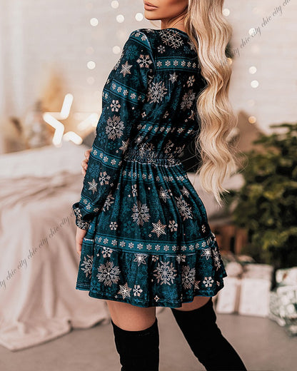 Christmas Velvet Snowflake Pattern Long Sleeve Mini Dress Shirred Waist Ruffle Hem A Line Dress