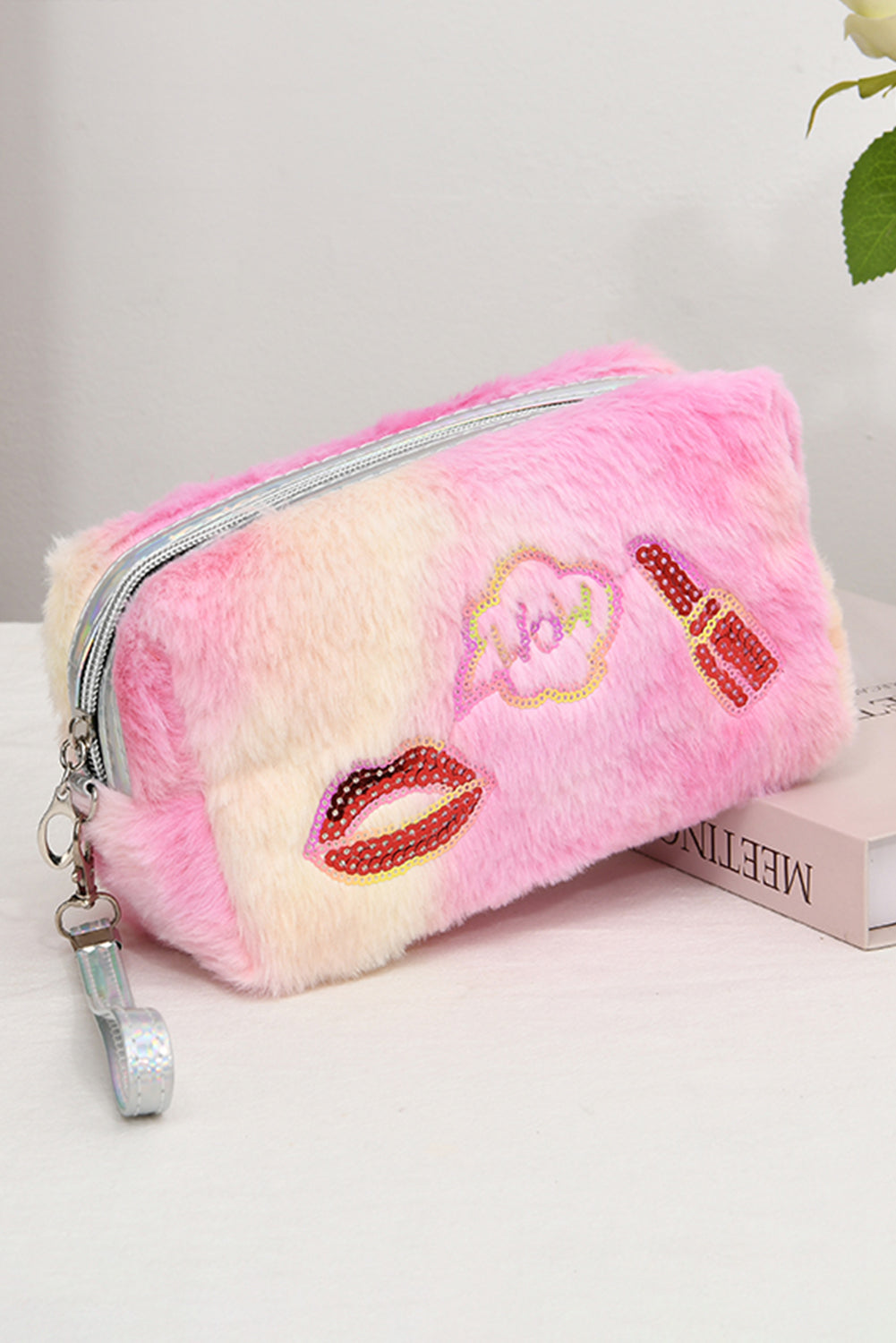 Pink Sequined Lip Lipstick Fluffy Cosmetic Bag