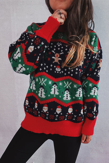 Red Christmas Father Snowman Elk Pattern Drop Shoulder Sweater