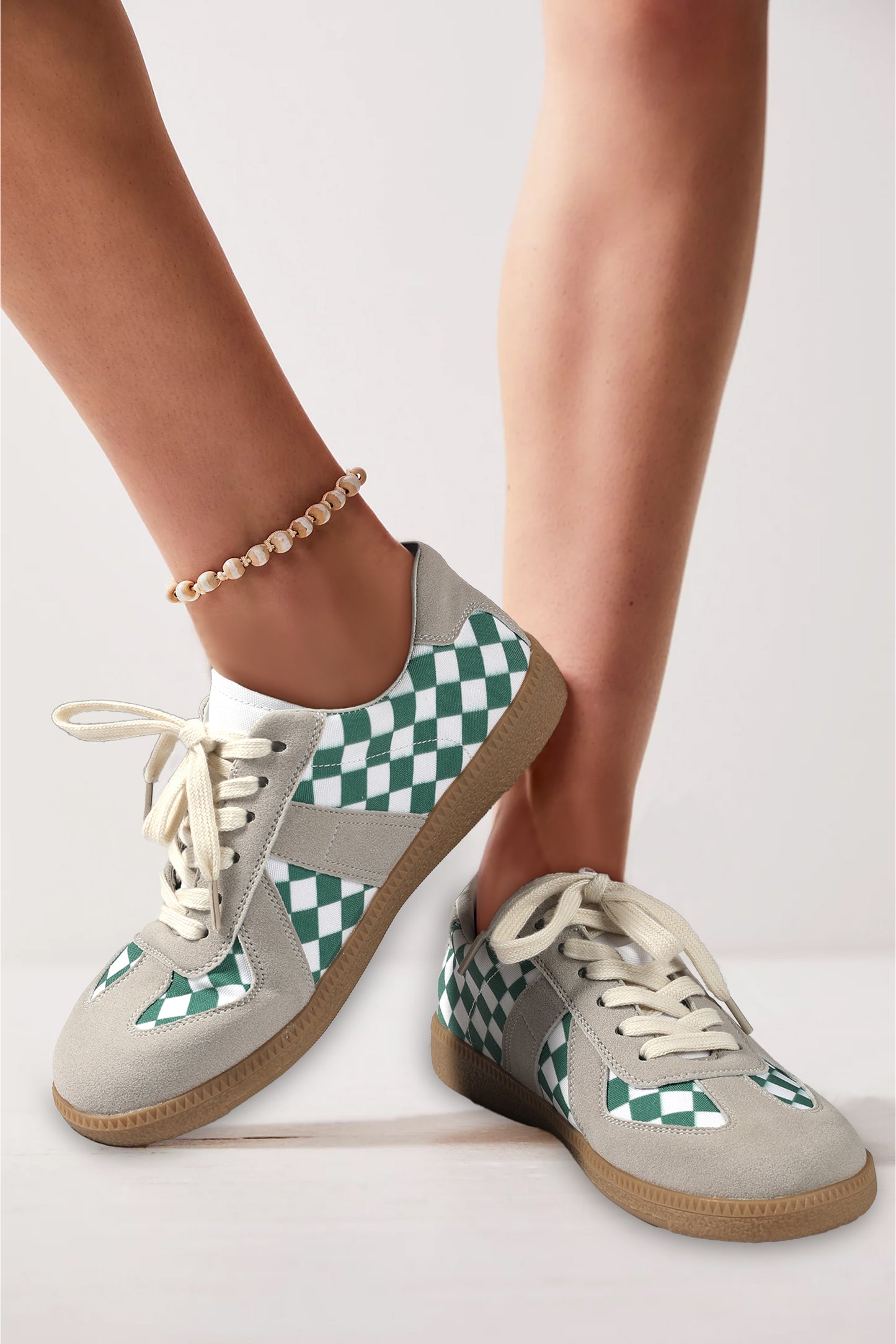 Sea Green Checkered PU Leather Lace-up Flat Shoes