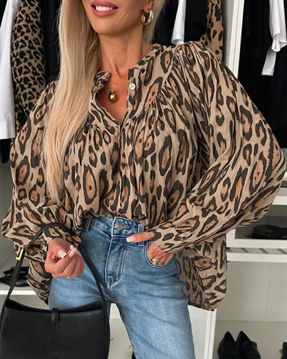 Leopard Print Round Neck Long Sleeve Front Button Blouse Casual Top