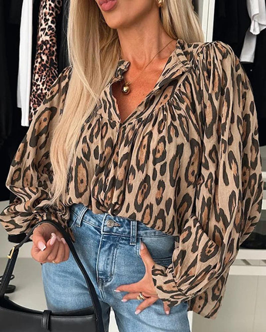 Leopard Print Round Neck Long Sleeve Front Button Blouse Casual Top