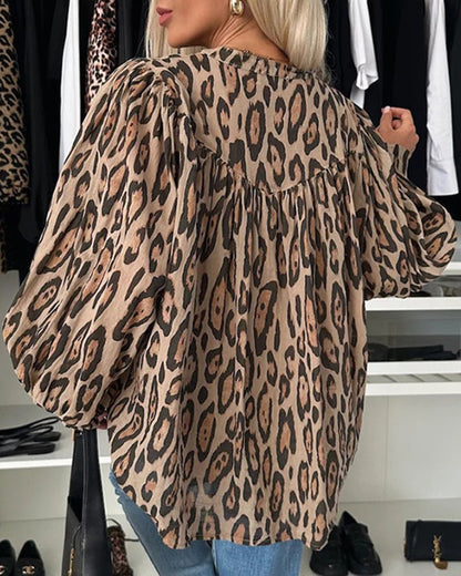 Leopard Print Round Neck Long Sleeve Front Button Blouse Casual Top