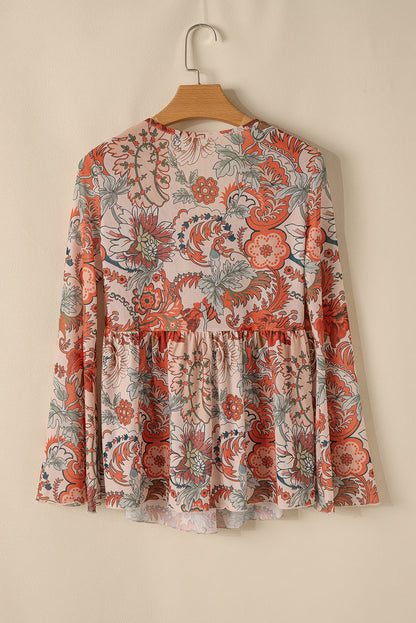 Orange Floral Print Deep V Neck Knot Bell Sleeve Blouse