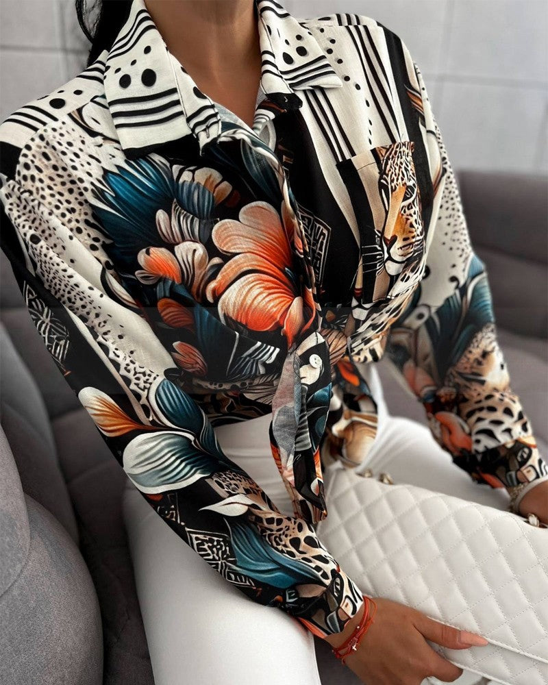 Floral Print Turn down Collar Shirt Long Sleeve Blouse with Pocket