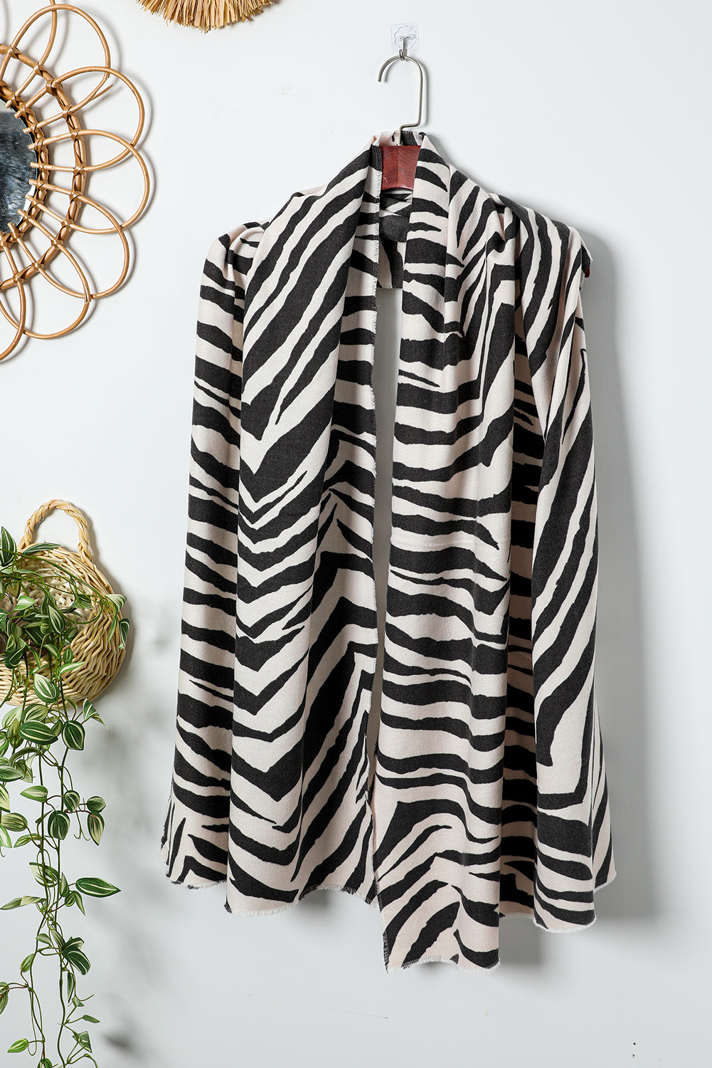 White Zebra Stripes Printed Raw Cut Scarf