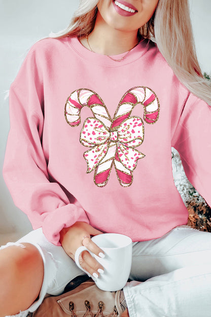 Pink Christmas Bow Candy Cane Graphic Drop Shoulder Crew Neck Sweatshirt