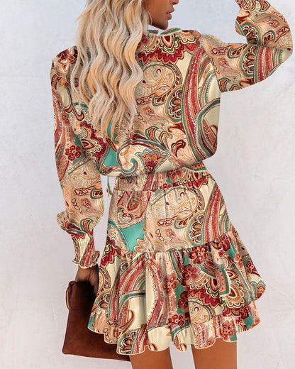 Paisley Print V Neck A Line Shirred Ruffles Long Sleeve Mini Dress Vintage Dress