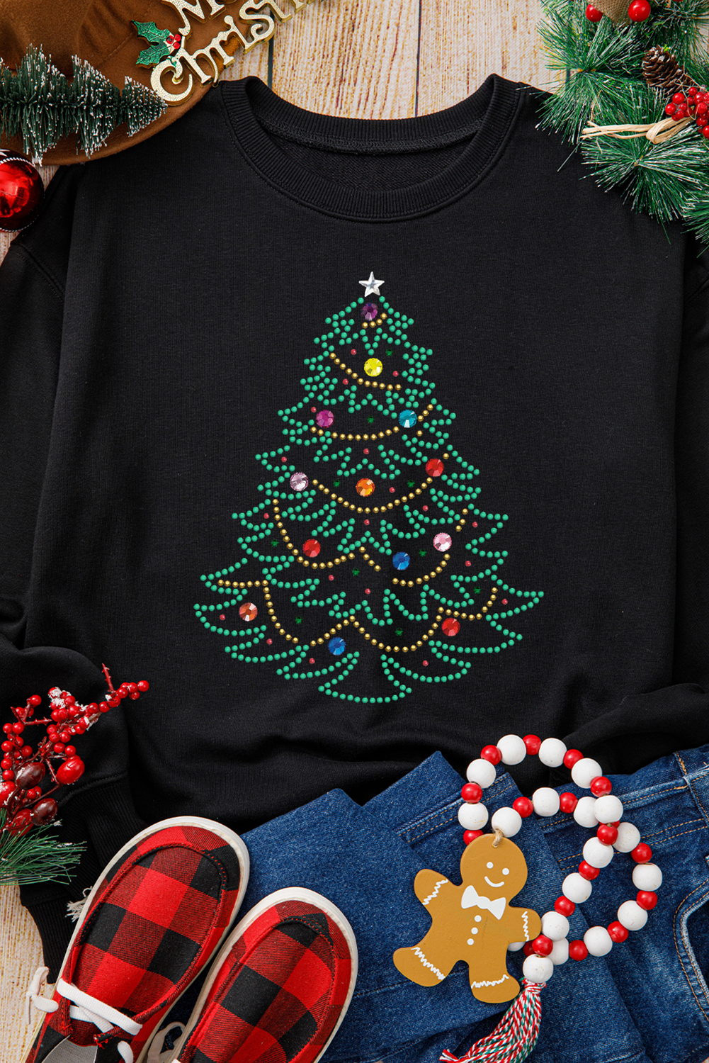 Black Rhinestone Christmas Tree Graphic Pullover Sweatshirt