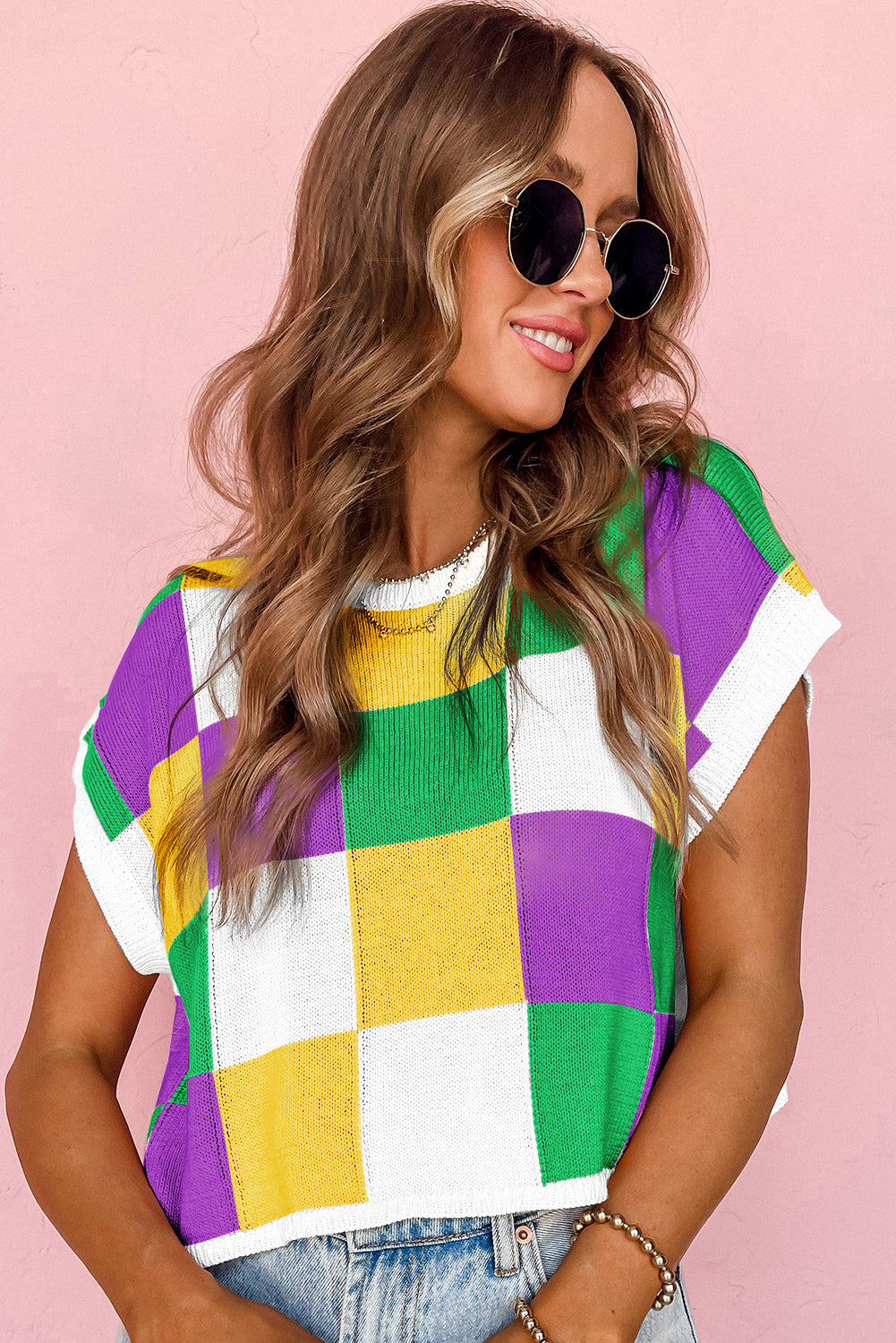 Tillandsia Purple Color Block Cap Sleeve Sweater