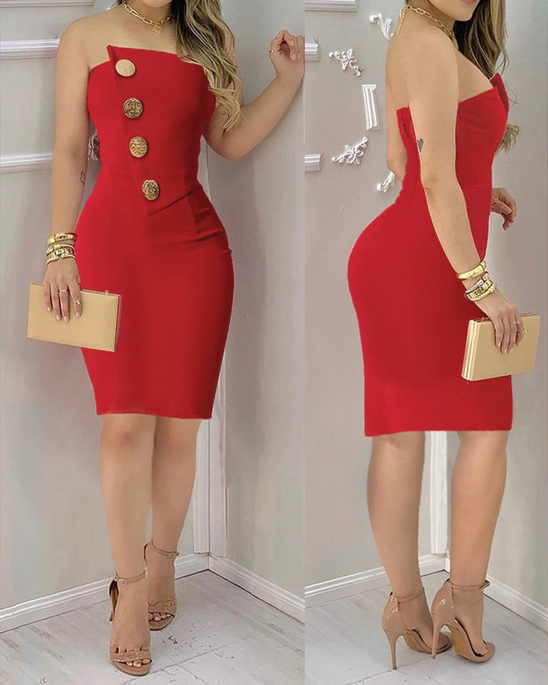 Bandeau Sleeveless Slim Fit Asymmetrical Front Metal Button Bodycon Party Mini Dress