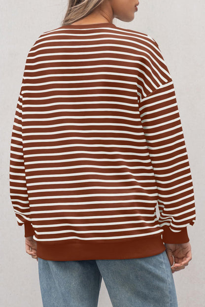 Coffee Striped Long Sleeve Round Neck Loose Long Sleeve Top