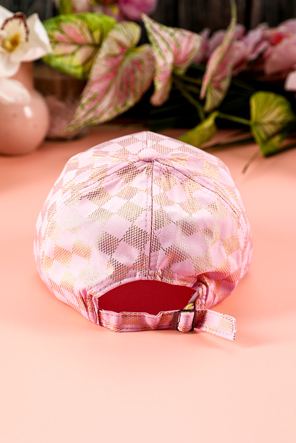 Light Pink Checkered Print Adjustable Baseball Cap