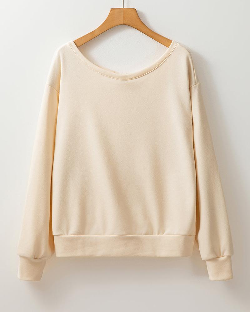 Round Neck Bowknot Decor Hollow Out Sweatshirt