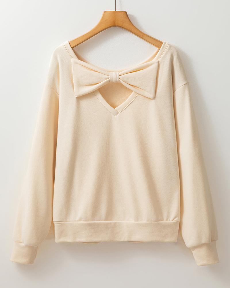 Round Neck Bowknot Decor Hollow Out Sweatshirt