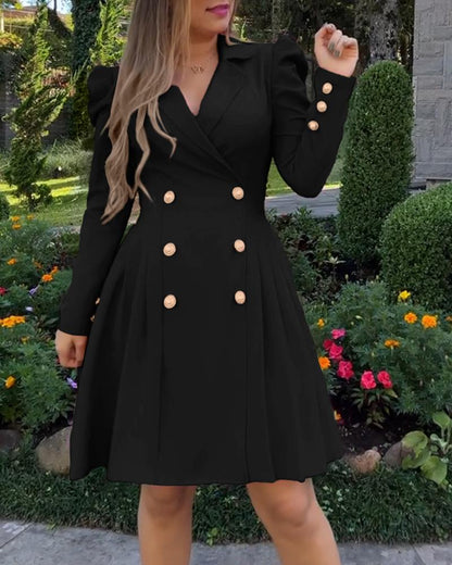 Notched Collar Puff Sleeve Double Breasted Cinch Waist Mini Dress Elegant Dress