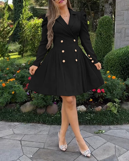 Notched Collar Puff Sleeve Double Breasted Cinch Waist Mini Dress Elegant Dress