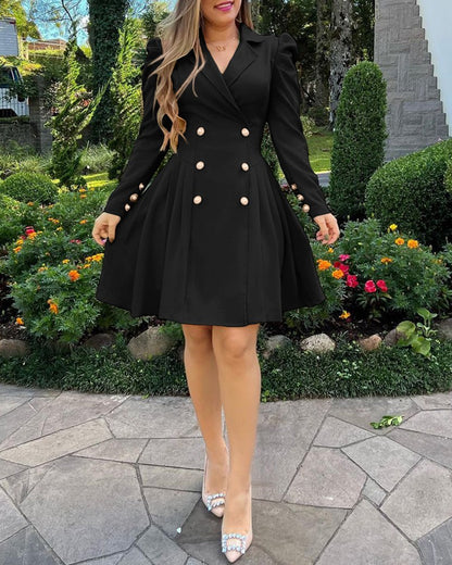 Notched Collar Puff Sleeve Double Breasted Cinch Waist Mini Dress Elegant Dress