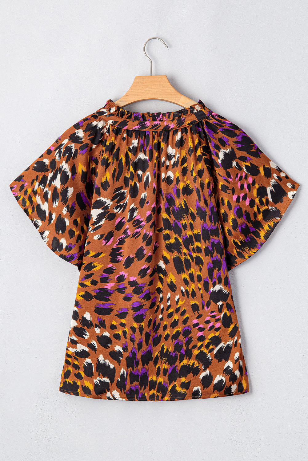 Orange Leopard Printed Draped Short Sleeve Slit V Neck Blouse