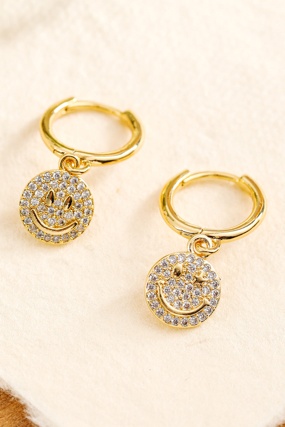 Gold Rhinestone Smiley Face Plated Hook Earrings