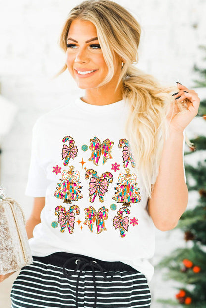 White Christmas Tree Bow Knot Print Round Neck T Shirt