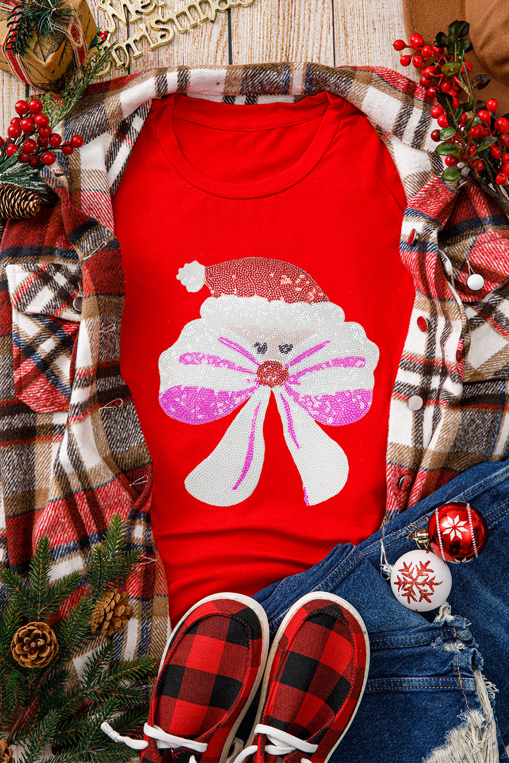 Red Bowknot Beard Fun Christmas Graphic T Shirt