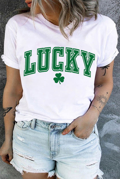 White LUCKY Clover Printed Crewneck St Patrick Tee