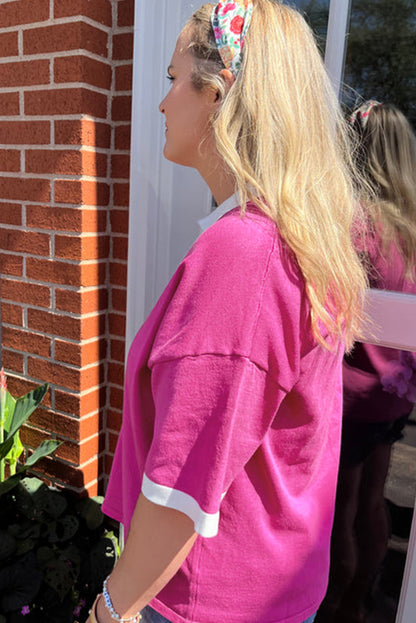 Pink Contrast Trim Collared Split Neck Short Sleeve Plus Size Top