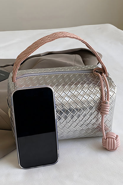 Silvery Lattice Texture Corded Ball Decor Weaven Handle Cosmetic Bag