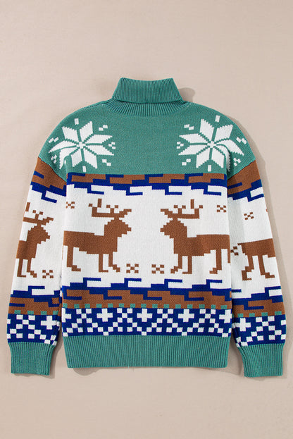 Canton Christmas Reindeer Snowflake Colorblock Turtleneck Sweater