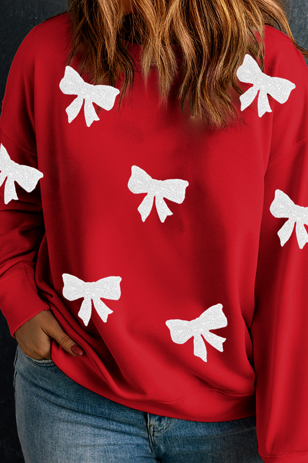 Racing Red Bow Pattern Drop Shoulder Plus Size Sweatshirt