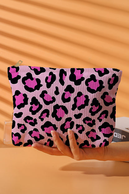 Bright Pink Leopard Print Corduroy Zipped Makeup Storage Bag