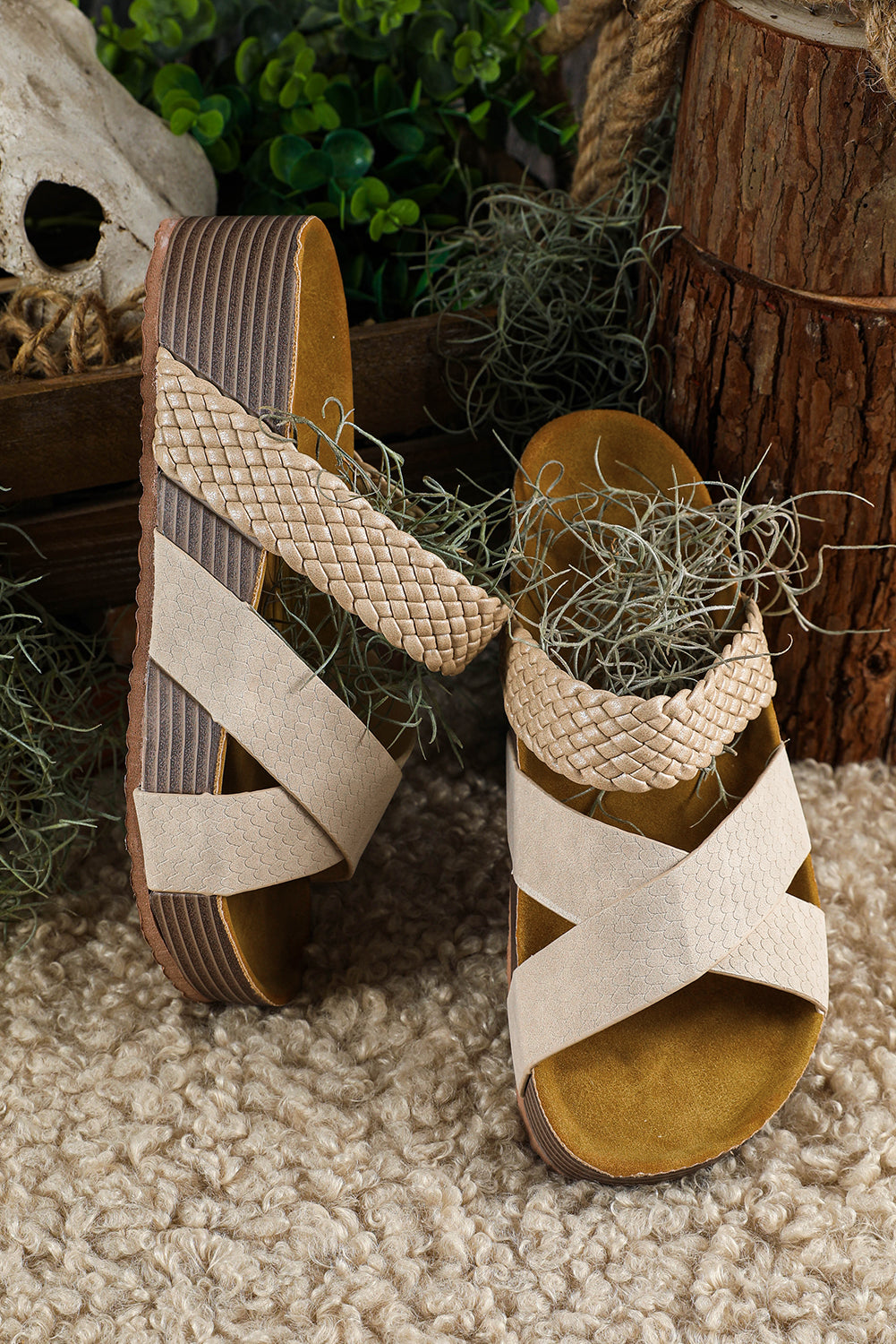 Beige Braided Detail Criss Cross Platform Slippers