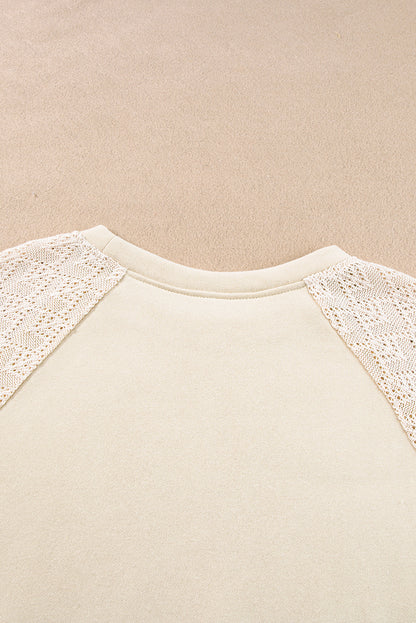 Parchment Eyelet Knit Patchwork Raglan Sleeve Pullover Top